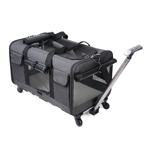 Großer Katzenkäfig mit Rädern, rollende Haustier-Schleppbox, mit Teleskopgriff und verbesserten Rädern, kann bis zu 15 kg tragen, perfekt für Reisen, Spaziergänge und Camping (dunkelgrau) von QVK