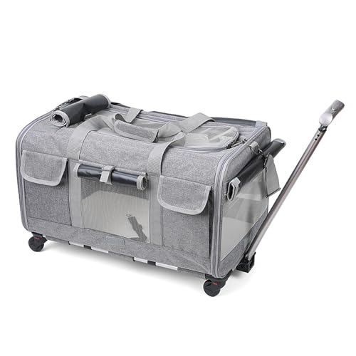 Großer Katzenkäfig mit Rädern, rollende Haustier-Schleppbox, mit Teleskopgriff und verbesserten Rädern, kann bis zu 15 kg tragen, perfekt für Reisen, Spaziergänge und Camping (grau) von QVK
