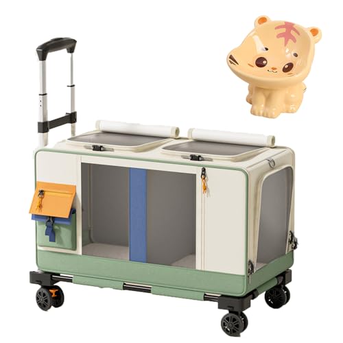 Großer rollender Haustierkäfig, tragbare Katzenbox mit Fächern, mehrseitige Belüftung, kann 2 Katzen unterbringen, mit Keramik-Futternapf, geeignet für Flugzeuge, Camping und Outdoor (Grün) von QVK