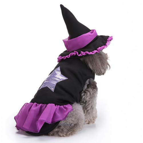 Halloween-Hexenkostüm-Set für Welpen, Halloween-Partykleid und -Hut, Festliche, lustige Kostüm-Requisiten, geeignet für die Feiertagsverkleidung von Katzen und Hunden (Purple,Small) von QVK