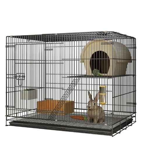 Indoor Kaninchenkäfig 2-stöckiger Kaninchenstall mit Tablett und verbreiterter Plattform, leicht zusammenklappbarer Kleintierkäfig für Kaninchen, Meerschweinchen und Chinchillas von QVK