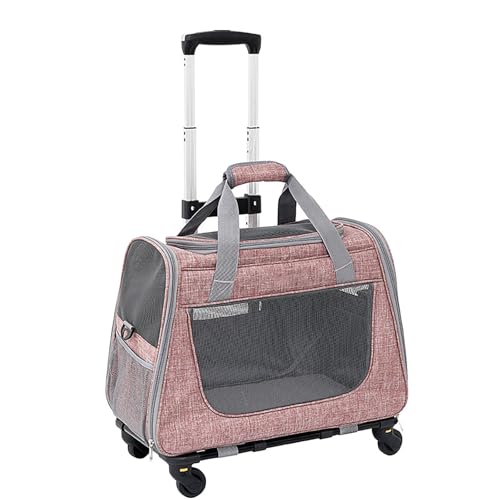 Katzenkäfig mit Rädern, Haustier-Reise-Tragetasche, mit Teleskopgriff, Rollen und Kissen, abnehmbar und faltbar, große Kapazität, atmungsaktives Netzgewebe, Seitentaschen, Graurosa (Rosa) von QVK