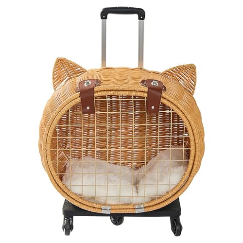 Rattan Haustier-Trolley-Koffer, tragbarer Katzenkäfig, geeignet für Welpen und Katzen unter 12,2 kg, verbesserter 5-Rad-Haustierkäfig, perfekt für Reisen, Spaziergänge und Camping (Katzenkopf) von QVK