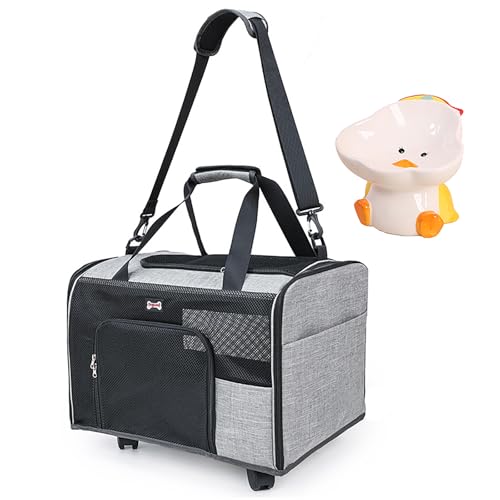 Reisetasche mit Rädern, tragbare Handtasche, geräumiges und leichtes Design, verstellbarer Schultergurt, Keramik-Futternapf, faltbare Haustier-Tragetasche für Outdoor-Reisen Reisetasche mit Rädern, tragbare Handtasche, geräumiges und leichtes Design, verstellbarer Schultergurt, Keramik-Futternapf, faltbare Haustier-Tragetasche für Outdoor-Reisen von QVK