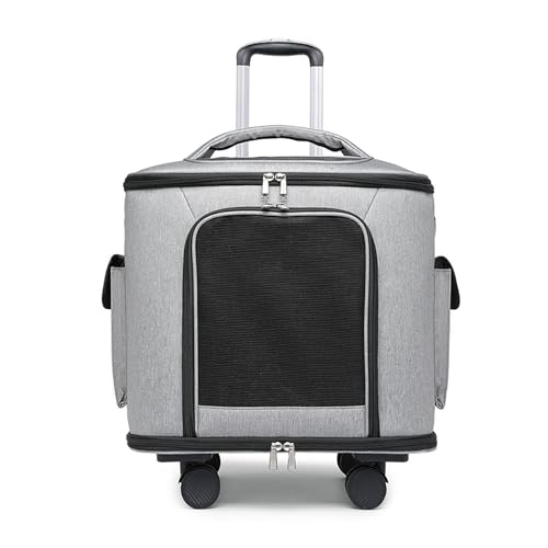 Rollender Katzenkäfig, tragbarer Katzenkäfig für Haustiere bis zu 10 kg, mit Teleskopgriff und Rädern, geeignet für Auto, Reise, Bus, U-Bahn (Grau) von QVK
