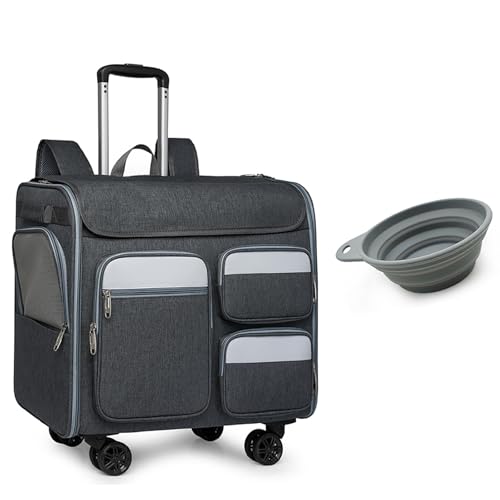 Rollender Katzenkäfig mit Colorblock-Design, mehrseitige Belüftung, mitbringende und faltbare Schüssel, geeignet für Flugzeuge, Camping und den Außenbereich (Grau) von QVK