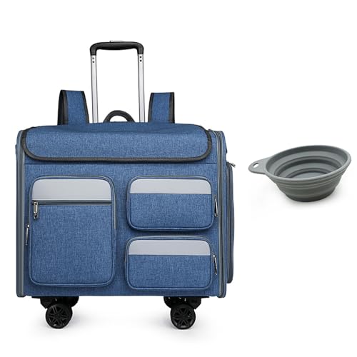 Rollender Katzenkäfig mit Colorblock-Design, mehrseitige Belüftung, zusammenklappbare Schüssel, geeignet für Flugzeuge, Camping und den Außenbereich (blau) von QVK
