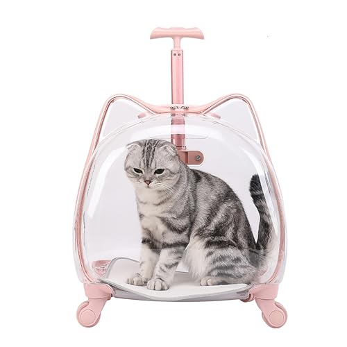 Rollender Katzenkäfig mit Rädern, geeignet für Haustiere bis zu 7,3 kg, transparent und tragbar, für Hunde, Katzen oder Kaninchen, perfekt für Reisen/Spazierengehen (Rosa) von QVK