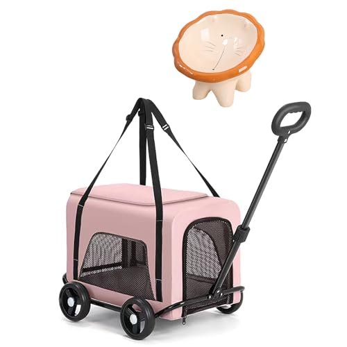 Rollender Katzenkäfig mit Rädern, tragbare abnehmbare Katzenbox mit niedlichem Futternapf und Matte, einziehbarer und drehbarer Wagen, kann Haustiere bis zu 5,4 kg aufnehmen (Rosa) von QVK