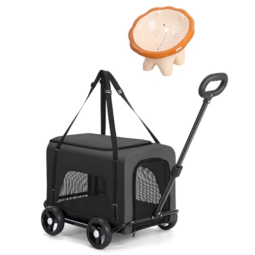 Rollender Katzenkäfig mit Rädern, tragbare abnehmbare Katzenbox mit niedlichem Futternapf und Matte, einziehbarer und drehbarer Wagen, kann Haustiere bis zu 5,4 kg aufnehmen (schwarz) von QVK