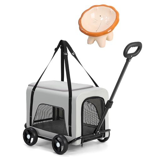 Rollender Katzenkäfig mit Rollen, tragbare, abnehmbare Katzenbox mit niedlichem Futternapf und Matte, einziehbarer und drehbarer Wagen, kann Haustiere bis zu 5,4 kg aufnehmen (Grau) von QVK