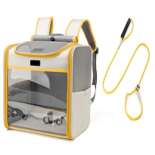 Tragbare Haustier-Handtaschen und Rucksack, transparenter Fenstermund, für Katzen unter 7,3 kg. Mit Leine, geeignet für Reisen, Wandern und Außenbereich (Gelb) von QVK