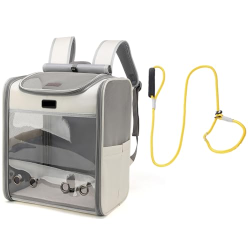 Tragbare Haustier-Handtaschen und Rucksack, transparenter Fenstermund, für Katzen unter 7,3 kg. Mit Leine, geeignet für Reisen, Wandern und Außenbereich (grau) von QVK