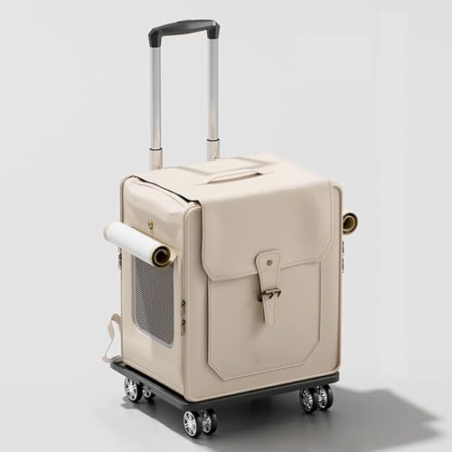 Tragbarer Katzenkäfig, kleiner Haustier-Reiserucksack mit verstellbarem Teleskopgriff und Rädern für Autoreisen, Autoreisen, Spazierengehen (Beige) von QVK