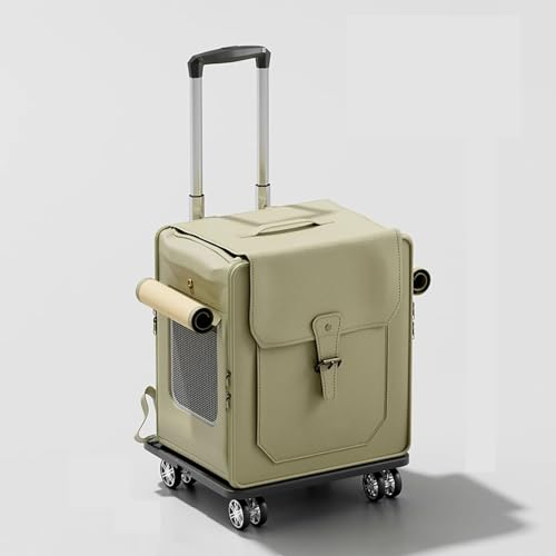 Tragbarer Katzenkäfig, kleiner Haustier-Reiserucksack mit verstellbarem Teleskopgriff und Rädern für Autoreisen, Autoreisen, Spazierengehen (Milchgrün) von QVK
