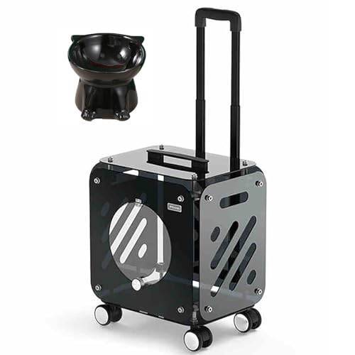 Transparenter Katzenkäfig mit Rädern und Griff, tragbare transparente Katzenbox mit Teleskopgriff, großes Raumdesign, geeignet für Reisen Wandern (Schwarz) von QVK