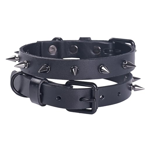 Hundehalsband aus Leder, mit Nieten, strapazierfähiges Echtleder mit Metallspikes für kleine, mittelgroße und große Rassen, handgefertigt, stark, schwarz, Punk-Stil, Haustierzubehör (Schwarz, M) von QWBWAN