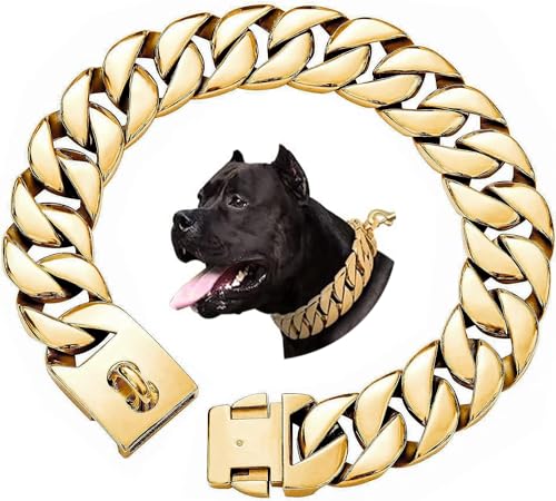 Gold Hundehalsband, 32MM Breite Hund Halsband Metallhund Kubanische Hundekette mit Schnalle, Massive Edelstahl Goldhundkragen für große Hunde (35CM/14in, Gold) von QWER