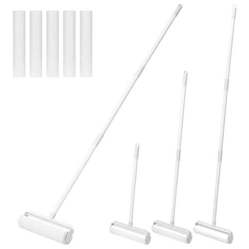 QWORK® 24 cm ausziehbarer Fusselroller für Tierhaare mit staubdichter Abdeckung, 6 Nachfüllpackungen (300 Blatt), Verstellbarer Griff 25-124cm von QWORK