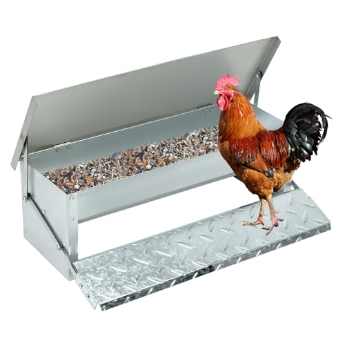 QWORK® Automatischer Hühner Futtertrog 5 kg Kapazität, Innenschräge-Design, Edelstahldeckel und rutschfestes Pedal (56x18x18cm) von QWORK