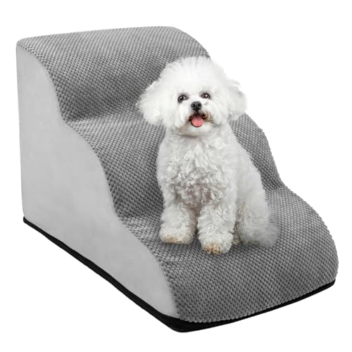 QWORK® Graue Hundetreppe, 3-Stufig, 60x40x40cm, Hochdichtem Schwamm, Abnehmbarem Waschbaren Hundetreppen von QWORK