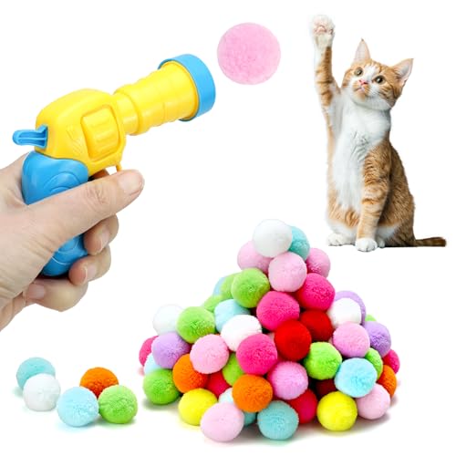 QWORK® Interaktives Katzenspielset, Katzenspielballwerfer mit 100 bunten Pompons, für das Indoor-Training und Verfolgen von Katzen von QWORK