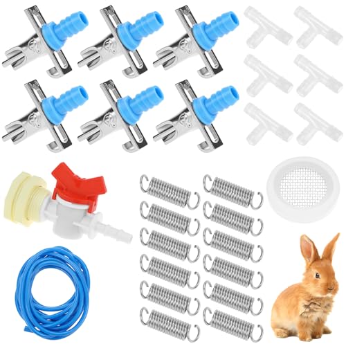 QWORK Automatisches Kaninchen-Bewässerungs-Set mit 6 Nippeltränken-Futterspendern, 4,8 m Schlauch und Widerhaken-Anschlussstück, 1,27 cm G-Gewinde von QWORK
