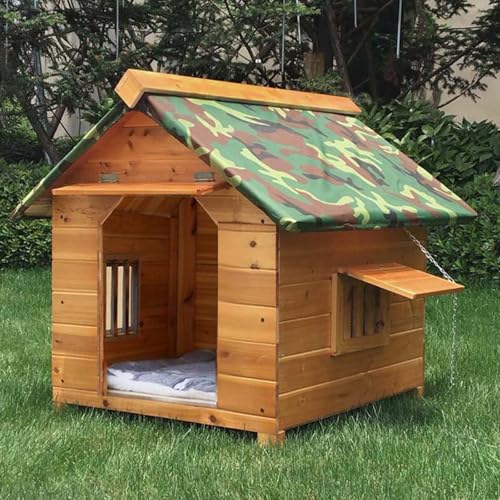 Hundekäfig, groß, wetterfester Holzkäfig für Hunde, robuste Hundebox mit abgeschrägtem Dach mit Tür, Doppelfenstern und Regenschutz (mittel) von QWPOFISN