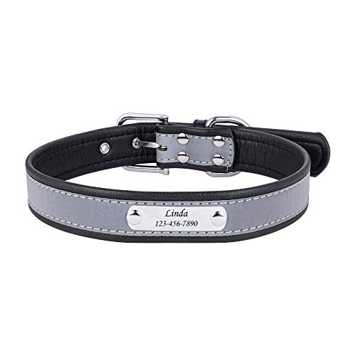 Reflektierendes Hundehalsband, verstellbar, PU-Leder, personalisierbar, mit Namens- und Telefonnummer für Nachtsicherheit (schwarz-L) von QX-Pet Supplies