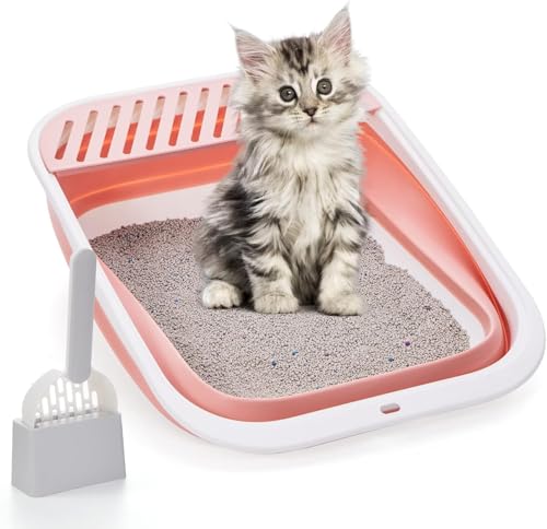 Katzentoilette mit offenem Oberteil, großes faltbares Katzentöpfchen, höhenverstellbare Seiten, Anti-Spritzer, Open Air Kitty Katzentoilette, kein Geruch, leicht zu reinigen mit Schaufel (Rosa, M) von QYJinlida