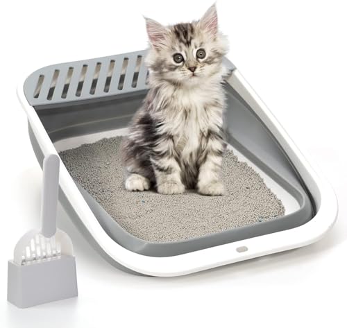Katzentoilette mit offener Oberseite, großes faltbares Katzentöpfchen, höhenverstellbare Seiten, Spritzschutz, offene Luft, Kitty-Katzentoilette, kein Geruch, einfach zu reinigen, mit Schaufel (grau) von QYJinlida