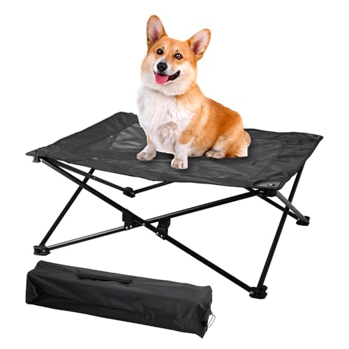 Erhöhtes Hundebett mit atmungsaktivem Netzgewebe, zusammenklappbar, erhöhtes kühlendes Haustierbett mit Tragetasche, tragbares Campingbett für drinnen und draußen, 76,2 x 76,2 x 30 cm (schwarz, groß) von QYQRQF
