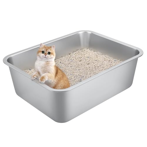 Katzentoilette aus Edelstahl für große Katzen – 44,5 x 34,5 x 15,5 cm, hochseitiges Metalltablett, spritz- und geruchsresistent, langlebiges, rostfreies Design, leicht zu reinigen von Qaestfy