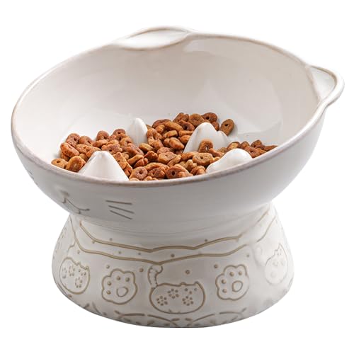 Qcapet Keramik Katze Slow Feeder, Erhöhter Katzenfutterschüssel geneigtes Design, Hund Slow Feeder Bowl Kein Schwarzes Kinn, Katzenform Slow Feeder für Trocken- und Nassfutter (Weiß) von Qcapet