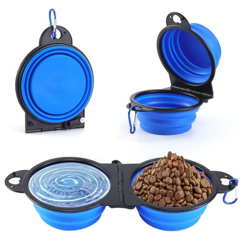 Qcdou Zusammenklappbarer Hundenapf, 2-in-1-Reisenapf, tragbarer Silikon-Wassernapf mit Karabiner, Haustier-Fütter- und Bewässerungsnapf für Outdoor-Spaziergänge, Wandern und Camping (blau) von Qcdou