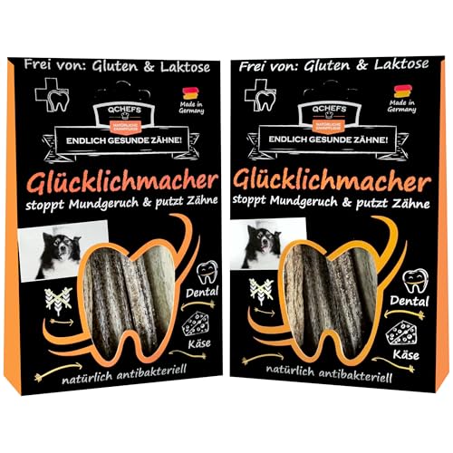 QCHEFS GLÜCKLICHMACHER Kauknochen zur Zahnpflege bei Jungen und Alten Hunden, Kaustange löst Sich im Mund auf und stoppt Mundgeruch putzt Zähne und bei Zahnfleischentzündungen (2er Pack) von Qchefs