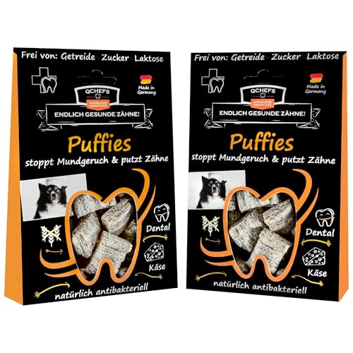 QCHEFS 2er Pack PUFFIES Hundeleckerli bei Mundgeruch, Zahnfleischentzündung als Zahnsteinentferner durch natürlich antibakterielle Zahnpflege ohne Dentalspray, Zahnbürste oder Zahnpasta QCHEFS 2er Pack PUFFIES Hundeleckerli bei Mundgeruch, Zahnfleischentzündung als Zahnsteinentferner durch natürlich antibakterielle Zahnpflege ohne Dentalspray, Zahnbürste oder Zahnpasta von Qchefs