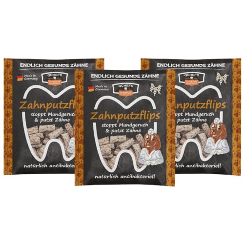 QCHEFS 3er Pack Zahnputzflips Hunde - Zahnpflege-Snack für kleine Hunde bei Mundgeruch & Zahnstein entfernen mit natürlich antibakterieller Zahnreinigung ohne Dentalspray oder Zahnbürste von Qchefs