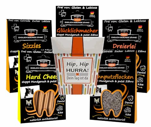 QCHEFS Geburtstagsbox| Hundegeburtstag| Hund Geburtstag Geschenk| Hunde Geburtstagsgeschenk| Natur schenkt gesunde Zähne| Zahnpflege-Snack| Hüttenkäse Kauknochen| Mundgeruch & Zahnstein Weg! von Qchefs