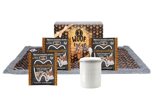 QCHEFS Glückskiste Hunde Kuscheltuch- Zahnputzflips als Zahnpflege Leckerli- hypoallergen- kalorienarm – Geschenkset mit Schnuffeltuch & Edelstahldose- tolles Hundegeschenk von Qchefs