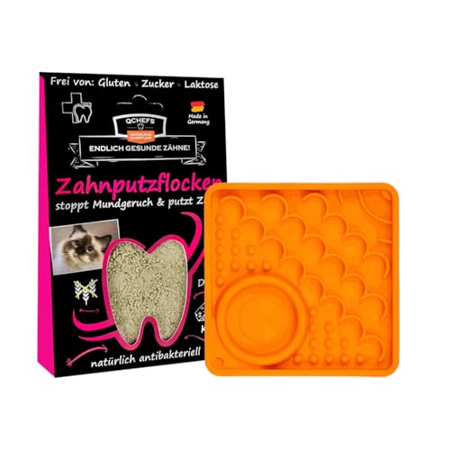 QCHEFS Licki Dental Kitty mit 1x Zahnputzflocken Katze: Als Futter Topping mit der Lieblingsleckerei auf der Schleckmatte für natürlich antibakterielle Zahnpflege bei Mundgeruch- Zahnstein… von Qchefs