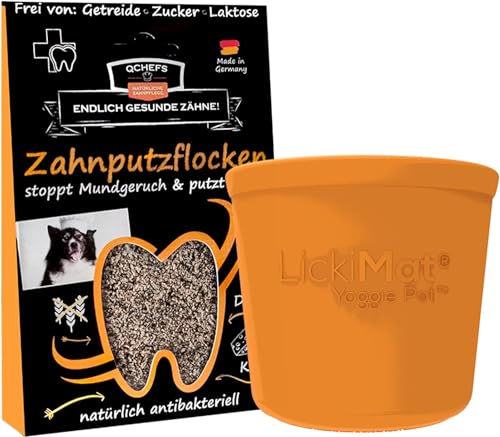 QCHEFS ZAHNPUTZFLOCKEN & Lickimat Yoggie Pot- Belohnung und Beschäftigung Hund als Zahnpflege Hund gegen Mundgeruch- schlecken nach dem Hundefutter zur Beruhigung alleine zuhause- statt Kong von Qchefs