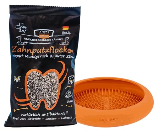 QCHEFS ZAHNPUTZFLOCKEN & Lickimat UFO als Schleckmatte Hund nach dem Hundefutter und als Hundezubehör zur Beruhigung beim Duschen und zur Zahnpflege Mundgeruch-Zahnfleischentzündung und Zahnstein Weg von Qchefs