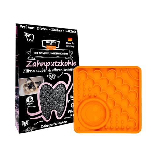 QCHEFS Schleckmatte Kitty mit ZahnputzKOHLE für Katzen zum Schlecken von der Futtermatte. Zahnpflege & Probiotik für Darm als Futter Topping mit der Lieblingsleckerei auf der Leckmatte bei Mundgeruch von Qchefs