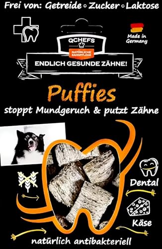 QCHEFS PUFFIES Hundeleckerli bei Mundgeruch, Zahnfleischentzündung als Zahnsteinentferner durch natürlich antibakterielle Zahnpflege ohne Dentalspray, Zahnbürste oder Zahnpasta von Qchefs