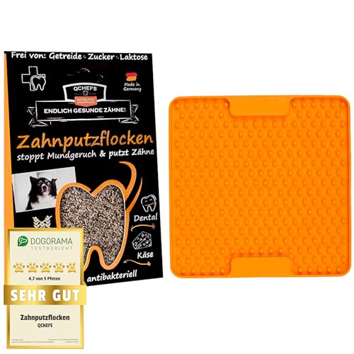 QCHEFS ZAHNPUTZFLOCKEN & Lickimat Soother als Zahnpflege Hund für Mundgeruch und Zahnstein Weg und Schleckmatte schlecken nach dem Hundefutter zur Beruhigung als Hundezubehör für unterwegs von Qchefs