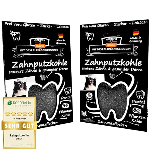 QCHEFS 2er Pack NEU: 2 in 1 Zahnputzkohle Hunde: Zahnpflege Pulver und zugleich für Darm- Gesundheit- bei Erbrechen - Blähungen & Durchfall für Darmflora mit Probiotika aus der Bierhefe und Kokosöl von Qchefs