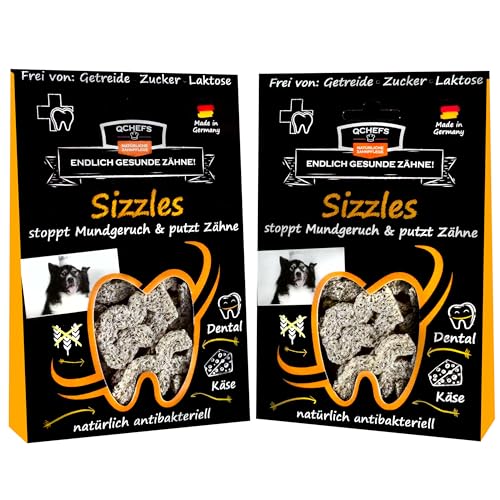 Qchefs 2er Pack SIZZLES: Zahnpflege-Snack für kleine Hunde bei Mundgeruch & Leckerlis zum Plaque & Zahnstein entfernen mit natürlich antibakterieller Zahnreinigung ohne Dentalspray oder Zahnbürste von Qchefs