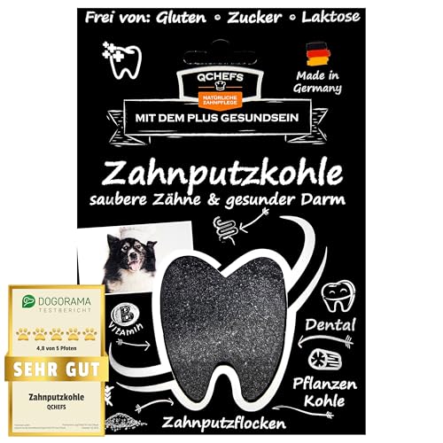 Qchefs NEU: 2 in 1 Zahnputzkohle Hunde: Zahnpflege Pulver und zugleich für Darm- Gesundheit- bei Erbrechen - Blähungen & Durchfall für Darmflora mit Probiotika aus der Bierhefe und Kokosöl von Qchefs