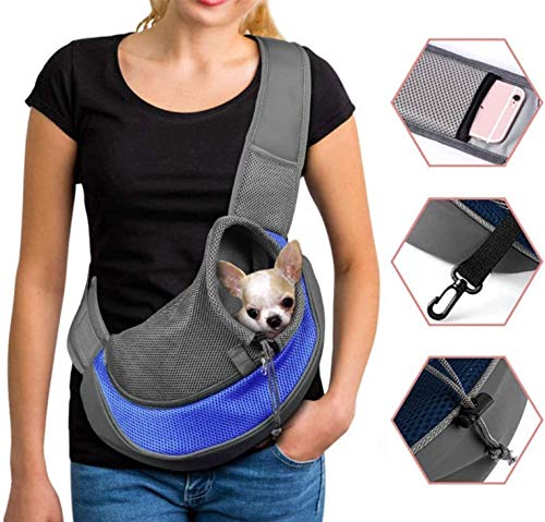 Tragetasche Haustier Schultertasche Single Schulter Sling Bag Tragetuch Hund Tragbar Katzen Umhängetasche Verstellbare Schultergurt Welpen Reise Träger Atmungsaktiv Netz Fronttasche Hundetragebeutel von Qchomee